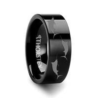 Marlin Fish Sea Print Pattern Ring Engraved Flat Black Tungsten Ring - 4mm - 12mm - Larson Jewelers