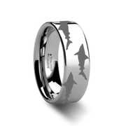 Shark Predator Fish Sea Print Pattern Engraved Flat Tungsten Ring - 4mm - 12mm