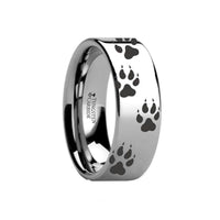 Animal Track Wolf Print Ring Engraved Flat Tungsten Polished- 4mm - 12mm - Larson Jewelers