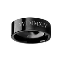 Roman Numeral Date Engraved Flat Black Tungsten Ring Polished - 4mm - 12mm - Larson Jewelers