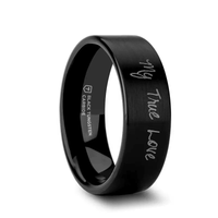 Handwritten Engraved Flat Pipe Cut Black Tungsten Ring Brushed - 4mm - 12mm - Larson Jewelers