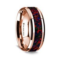 14K Rose Gold Polished Beveled Edges Wedding Ring with Black and Red Opal Inlay - 8 mm - Larson Jewelers