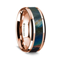 14K Rose Gold Polished Beveled Edges Wedding Ring with Spectrolite Inlay - 8 mm - Larson Jewelers