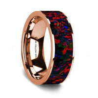 Flat Polished 14K Rose Gold Wedding Ring with Black and Red Opal Inlay - 8 mm - Larson Jewelers