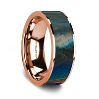 Flat Polished 14K Rose Gold Wedding Ring with Spectrolite Inlay - 8 mm - Larson Jewelers