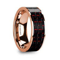 KRISTOS Men’s 14k Rose Gold Flat Wedding Band with Black & Red Carbon Fiber - 8mm - Larson Jewelers