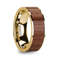 TELAMON Polished 14k Yellow Gold Men’s Flat Wedding Ring with Rosewood Inlay - 8mm - Larson Jewelers