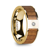 THEODOROS Polished 14k Yellow Gold Men’s Wedding Band with Teak Wood Inlay & Diamond - 8mm - Larson Jewelers