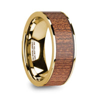 VASILIOS Cherry Wood Inlaid Polished 14k Yellow Gold Men’s Flat Wedding Ring - 8mm - Larson Jewelers