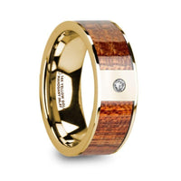 XANTHOS Men’s Mahogany Wood Inlaid Polished 14k Yellow Gold Wedding Band with Diamond - 8mm - Larson Jewelers