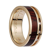 14K Yellow Gold Flat Wedding Band With Cocobolo Wood Inlay & 3 Diamond Setting - 8mm - Larson Jewelers