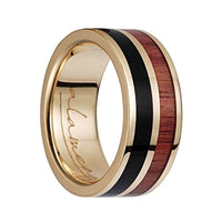 14K Yellow Gold Flat Wedding Band Ebony Tulip Wood Inlay - 8mm - Larson Jewelers