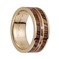 14K Yellow Gold Flat Wedding Band With Bocote Wood Inlay & 3 Diamond Setting - 8mm - Larson Jewelers