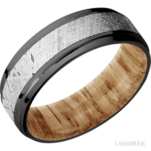 Zirconium with Polish , Polish Finish and Meteorite Inlay and Natural Oak - 7MM - Larson Jewelers