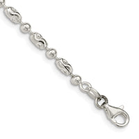 Sterling Silver 3mm Polished and Textured Fancy Beaded Chain Anklet