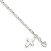 Sterling Silver 10 in Solid Polished Cross on Fancy Link Anklet