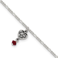 Sterling Silver Dark Pink Crystal Dangling Antiqued Heart 10 inch Anklet - Larson Jewelers