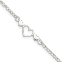 Sterling Silver 9inch Plus 1 in ext. Polished Triple Heart Anklet - Larson Jewelers