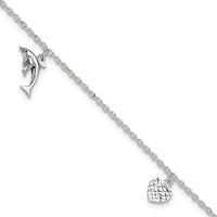 Sterling Silver Polished Heart Star and Dolphin 10in Plus 1in ext. Anklet - Larson Jewelers