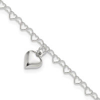 Sterling Silver Polished Fancy Link Puffed Heart 9 in Plus 1in ext. Anklet - Larson Jewelers