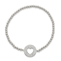 Sterling Silver Rhodium-plated Polished Beaded CZ Heart Punched Circle Stretch Bracelet - Larson Jewelers