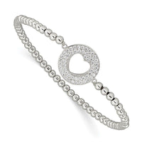 Sterling Silver Rhodium-plated Polished Beaded CZ Heart Punched Circle Stretch Bracelet - Larson Jewelers