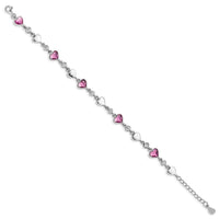 Sterling Silver Rhodium Plated Clear Crystals Pink Heart Crystals and Polished Hearts 6.5 inch Bracelet with 1 inch extension - Larson Jewelers