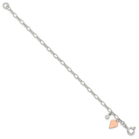 Sterling Silver Rose Gold-plated Polished w/Heart and CZ Link Bracelet - Larson Jewelers