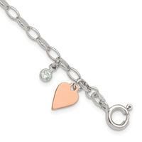 Sterling Silver Rose Gold-plated Polished w/Heart and CZ Link Bracelet - Larson Jewelers