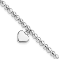 Sterling Silver Rhodium-plated 4mm Beaded Dangle Heart 7.5in Bracelet - Larson Jewelers