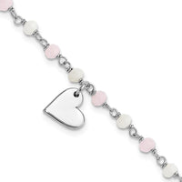 Sterling Silver Rhod-plated Heart Pink/White Glass Beads 7.5in Bracelet - Larson Jewelers