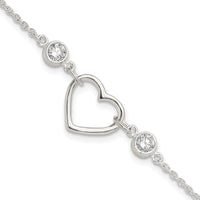 Sterling Silver Rhodium-plated Polished CZ Heart with 1in ext Bracelet - Larson Jewelers