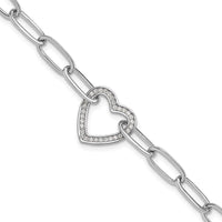 Sterling Silver Rhodium-plated Paperclip CZ Heart with 1in ext. Bracelet - Larson Jewelers