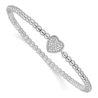 Sterling Silver Rhodium-plated Polished Beaded CZ Heart Stretch Bracelet - Larson Jewelers