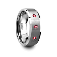 NEREUS Brushed Tungsten Flat Wedding Band with Polished Beveled Edges & Rubies - 8mm - Larson Jewelers