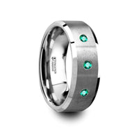 ICARUS Brushed Tungsten Men’s Wedding Ring with Polished Beveled Edges & 3 Emeralds - 8mm - Larson Jewelers