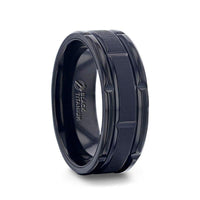 WYNN Alternating Grooves And Horizontal Etched Finish Black Titanium Men's Wedding Band With Alternating Grooved Beveled Polished Edges - 8mm - Larson Jewelers