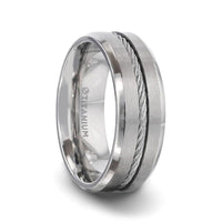 ALBERT Steel Cable Inlaid Brushed Center Titanium Men's Wedding Band With With Beveled Polished Edges - 8mm - Larson Jewelers