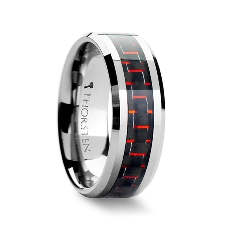 Thorsten Rings - Dominique Pink Carbon Fiber Inlaid Titanium Flat Polished Finish Ring Band with Beveled Edges - 8mm-8mm-14.00