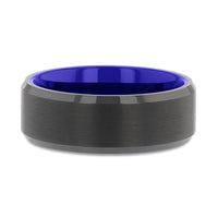 RIGEL Flat Beveled Edges Black Tungsten Ring with Brushed Center and Vibrant Blue Inside - 6mm & 8mm - Larson Jewelers