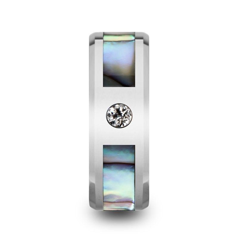 HONOLULU Mother of Pearl Inlay Tungsten Carbide Ring with Beveled Edges and  White Diamond - 8mm