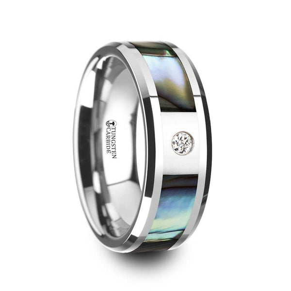 HONOLULU Mother of Pearl Inlay Tungsten Carbide Ring with Beveled Edges and  White Diamond - 8mm