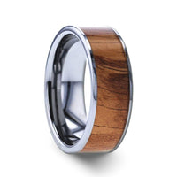 OLIVASTER Olive Wood Inlaid Flat Tungsten Carbide Ring with Polished Edges - 8mm - Larson Jewelers