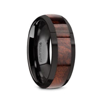 CLARET Black Ceramic Polished Edges Men’s Domed Wedding Band with Redwood Inlay - 8mm - Larson Jewelers