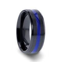 DECLAN Men’s Beveled Black Ceramic Brushed Finish Wedding Band with Polished Blue Stripe - 8mm - Larson Jewelers