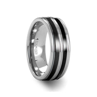 LEVIATHAN Grooved Tungsten Ring With Dual Offset Black Ceramic Inlays - 8mm - Larson Jewelers