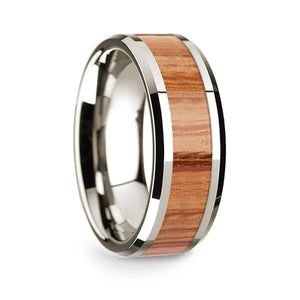 14k White Gold Polished Beveled Edges Wedding Ring with Red Oak Wood Inlay - 8 mm - Larson Jewelers