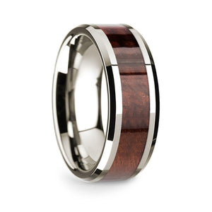 14k White Gold Polished Beveled Edges Wedding Ring with Redwood Inlay - 8 mm - Larson Jewelers