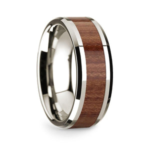 14k White Gold Polished Beveled Edges Wedding Ring with Rosewood Inlay - 8 mm - Larson Jewelers