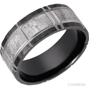 Black Zirconium flat band with a meteorite inlay with a segmented pattern - 8MM - Larson Jewelers